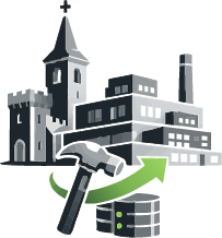 Pictogramme représentant une maquette BIM adaptée à l’existant, illustrant la modélisation de bâtiments en rénovation, patrimoine ou contextes complexes avec des données exploitables.