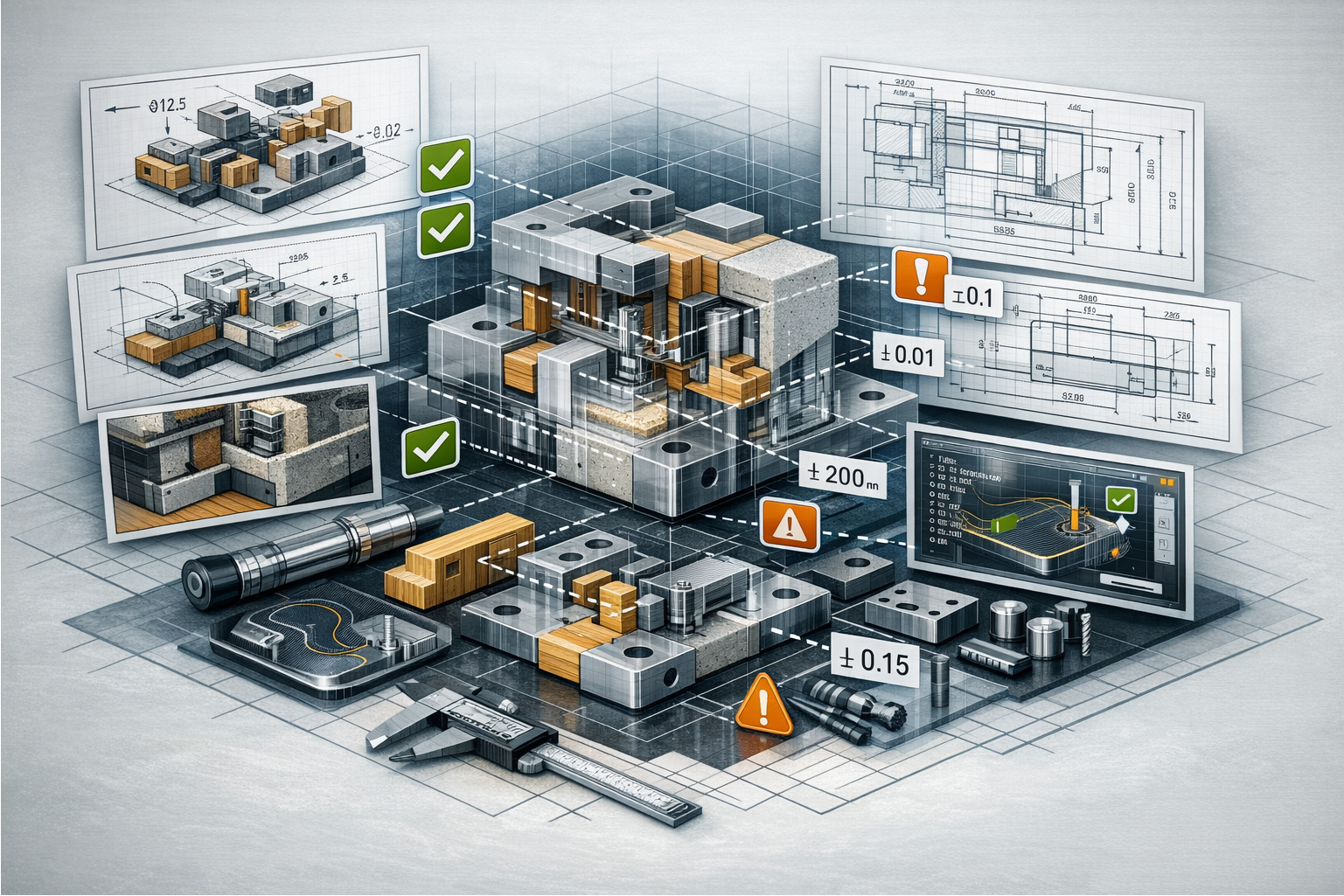 Conception technique et modélisation CAO CFAO en bureau d’études, montrant un modèle BIM détaillé et des vues techniques exploitables pour la fabrication numérique.