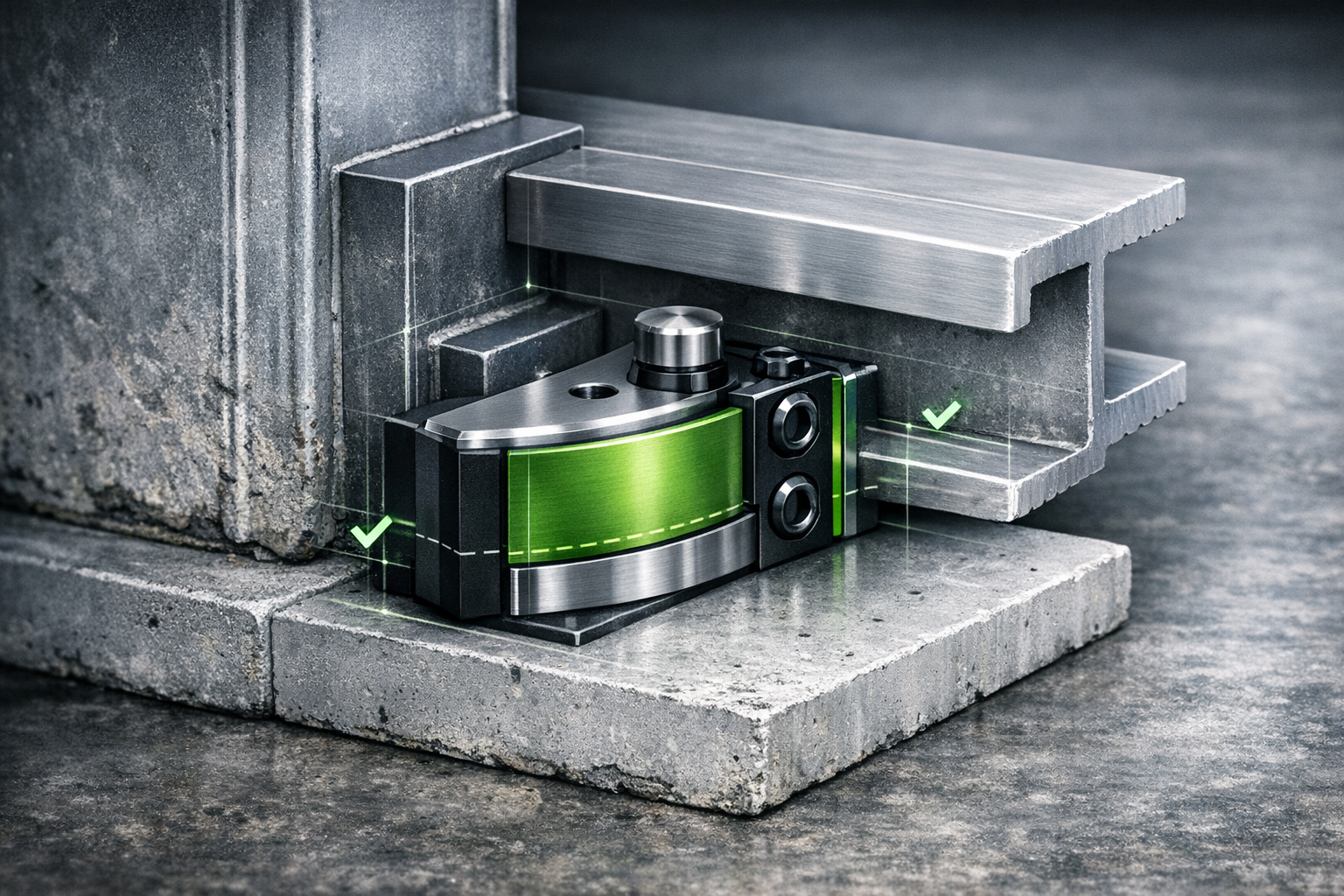 Illustration montrant une pièce fabriquée sur mesure intégrée proprement à une structure existante, avec repères numériques discrets de validation.