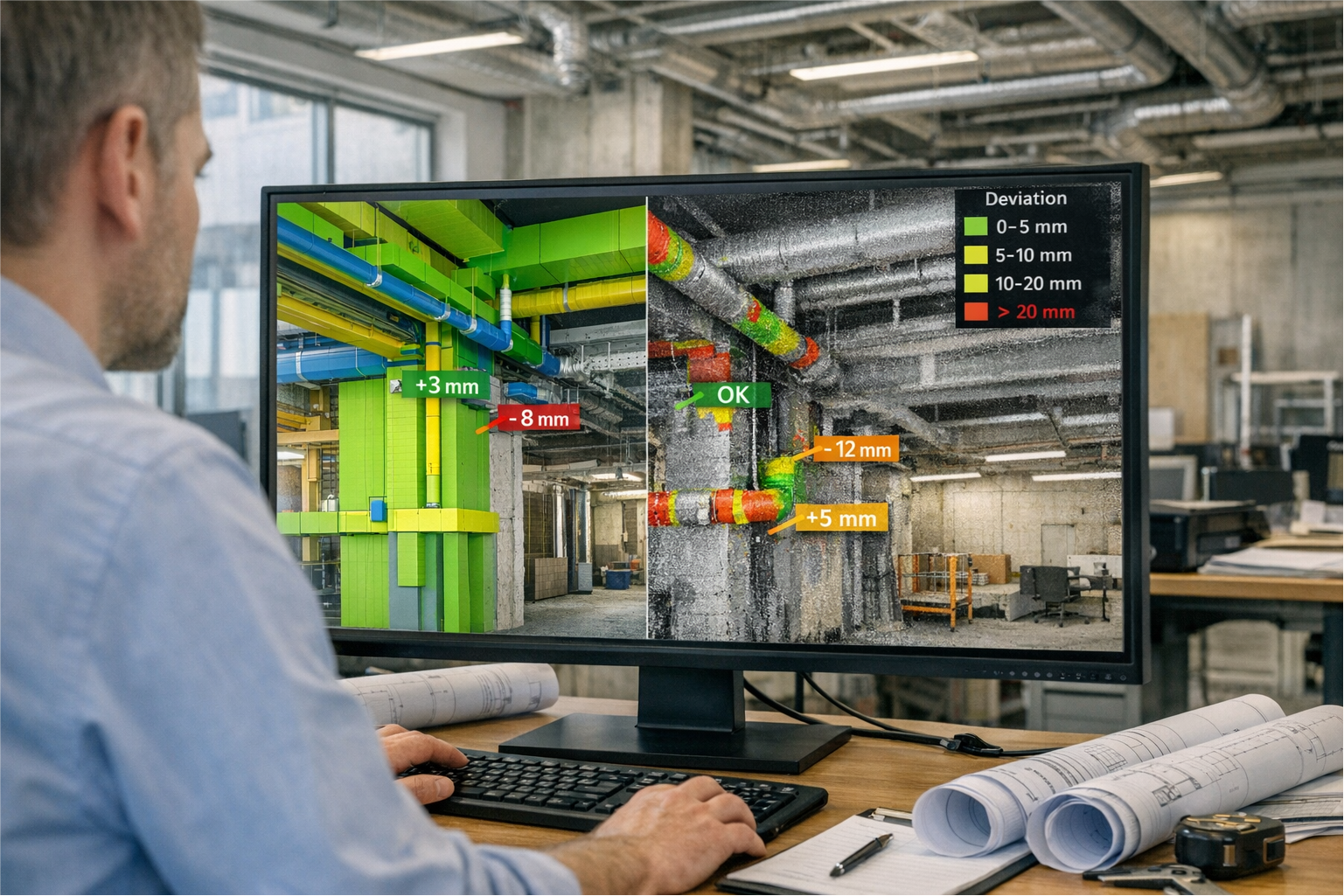 Contrôle qualité BIM en bureau d’études : comparaison entre maquette BIM et nuage de points 3D avec visualisation des écarts dimensionnels pour la validation géométrique.