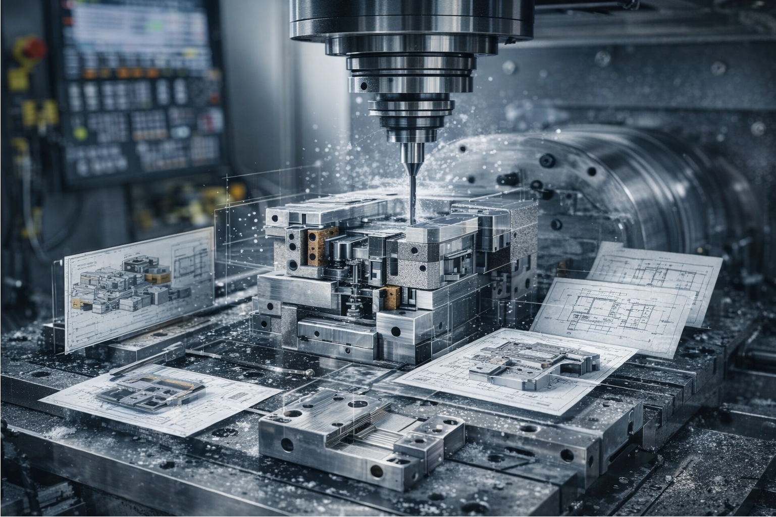 Fabrication de composants sur mesure par usinage CNC à partir de fichiers CAO, montrant l’usinage de pièces techniques de précision.