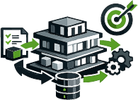 Pictogramme représentant un interlocuteur technique unique pilotant un projet BIM, illustrant la coordination des échanges, la maîtrise des décisions et une approche orientée résultat.