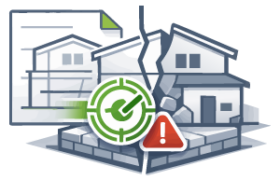 Icône représentant les écarts entre la réalité du bâtiment existant et les documents d’archives, révélant des différences nécessitant une vérification terrain fiable