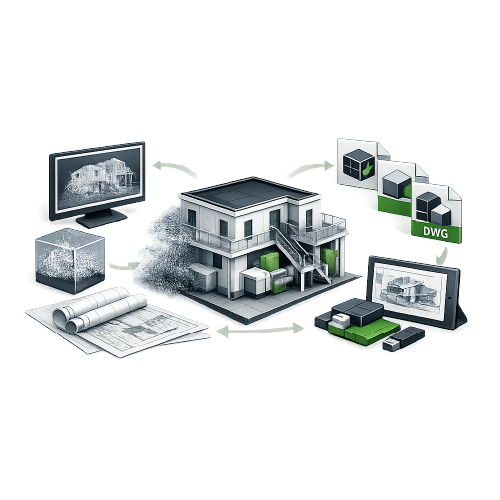 Livrables d’un projet Scan to BIM comprenant maquette BIM, plans et données issues du nuage de points
