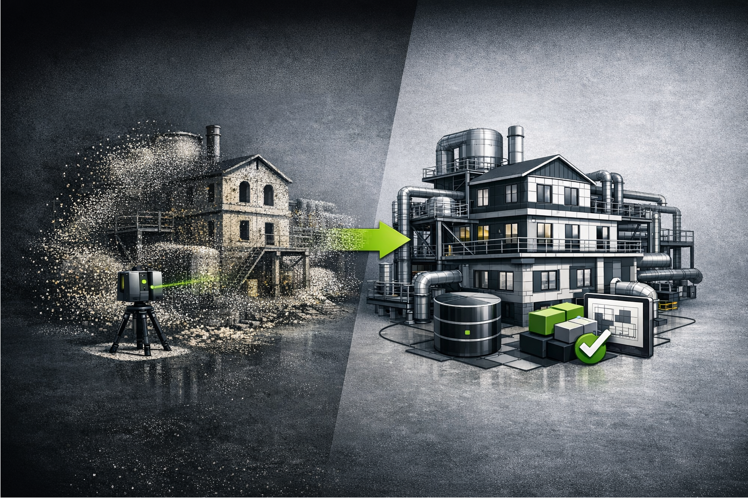 Illustration représentant la modélisation BIM de l’existant industriel, montrant la transformation d’un nuage de points issu d’un scan laser 3D en maquette BIM structurée et exploitable.