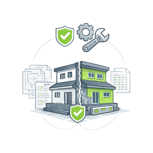 Illustration représentant la réhabilitation d’un bâtiment existant fondée sur une analyse précise de l’existant afin de préserver, améliorer et pérenniser le bâti.