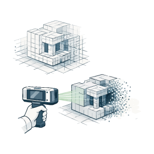 Illustration du relevé par scanner 3D d’un bâtiment existant à l’aide d’un scanner MIRACO pour la capture de l’environnement et des volumes.