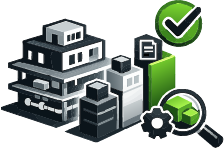 Pictogramme représentant une maquette BIM respectant les niveaux de détail géométriques et les niveaux d’information requis (LOD / LOI), illustrant une modélisation conforme aux exigences et aux phases du projet.