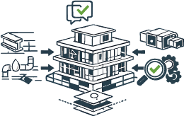 Pictogramme représentant une maquette BIM structurée prête pour la coordination, illustrant l’organisation des objets et des disciplines pour le travail collaboratif.