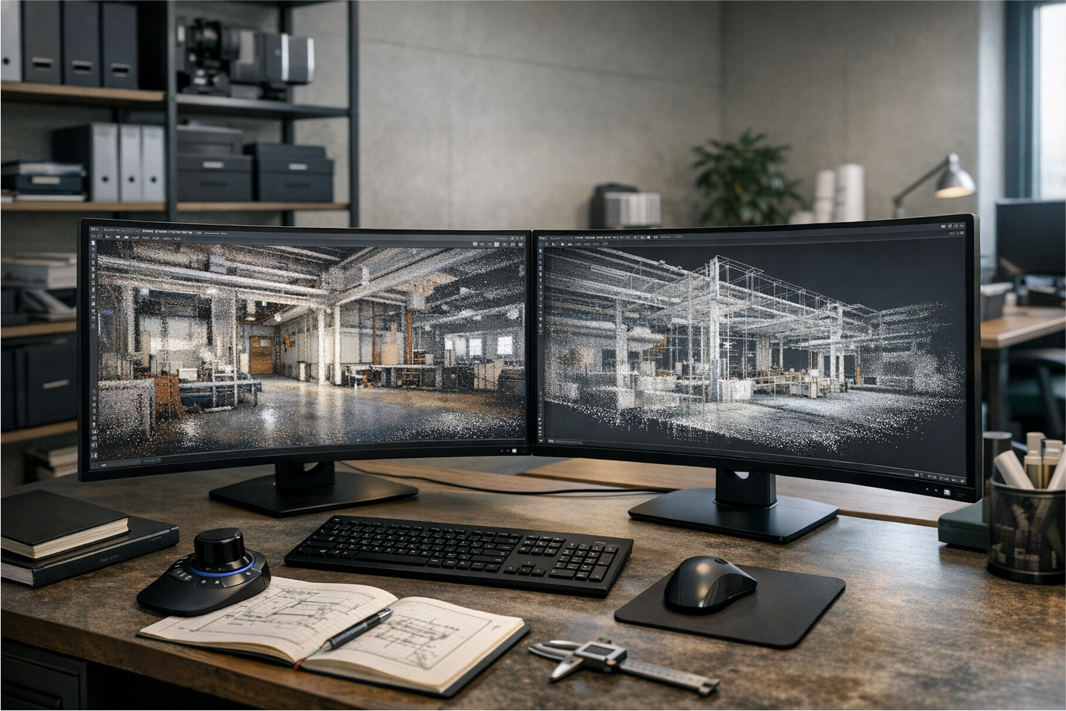 Poste de travail en bureau d’études BIM montrant le traitement et la structuration de données de scan 3D avec nuages de points affichés sur double écran