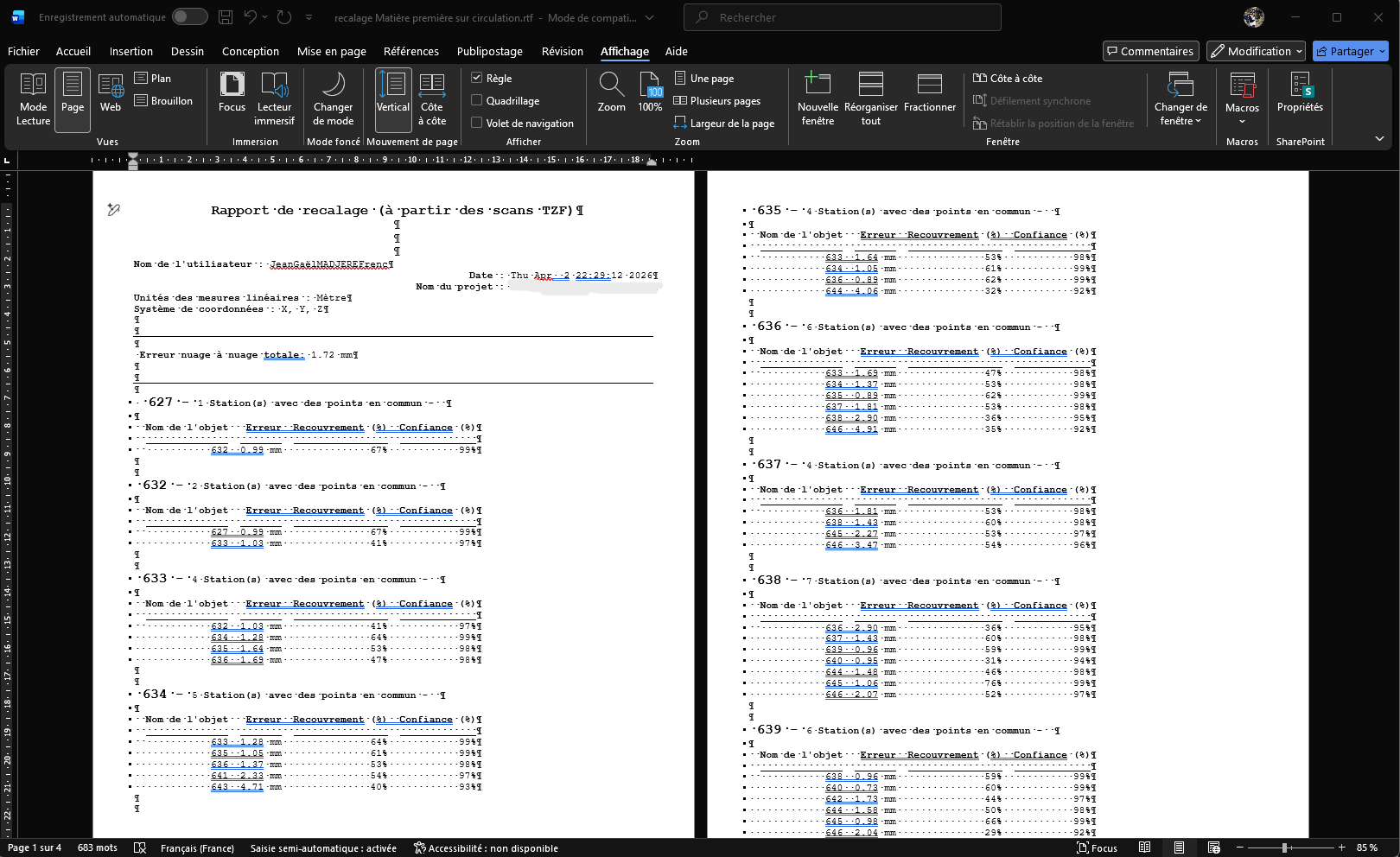 Rapport de recalage des stations de nuage de points montrant les erreurs, le recouvrement et les indices de confiance