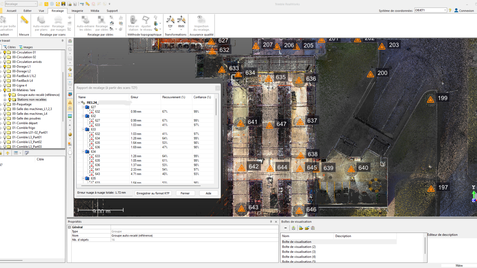Interface de recalage d’un nuage de points montrant l’assemblage des stations, les indicateurs de qualité et les erreurs de positionnement.