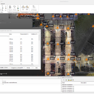 Interface de recalage d’un nuage de points montrant l’assemblage des stations, les indicateurs de qualité et les erreurs de positionnement.