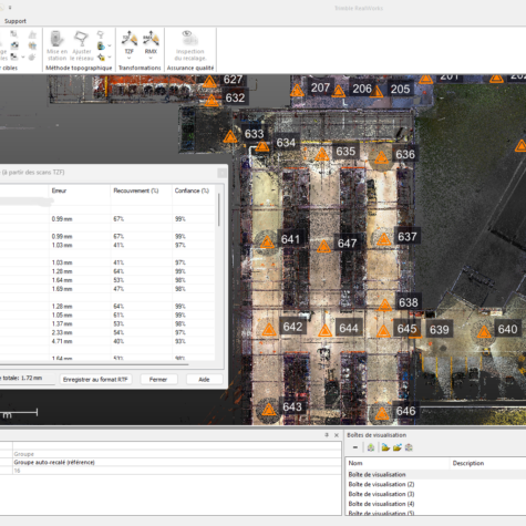 Interface de recalage d’un nuage de points montrant l’assemblage des stations, les indicateurs de qualité et les erreurs de positionnement.