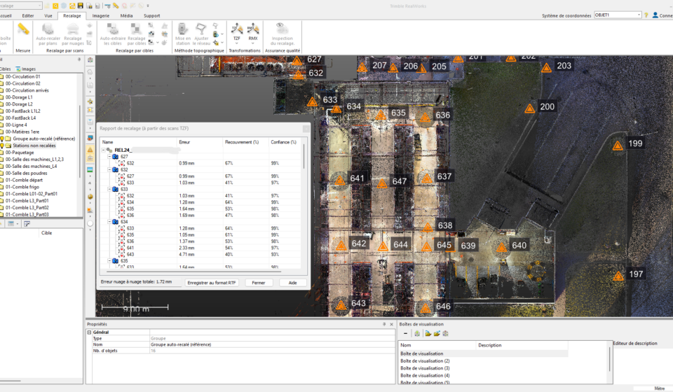 Interface de recalage d’un nuage de points montrant l’assemblage des stations, les indicateurs de qualité et les erreurs de positionnement.