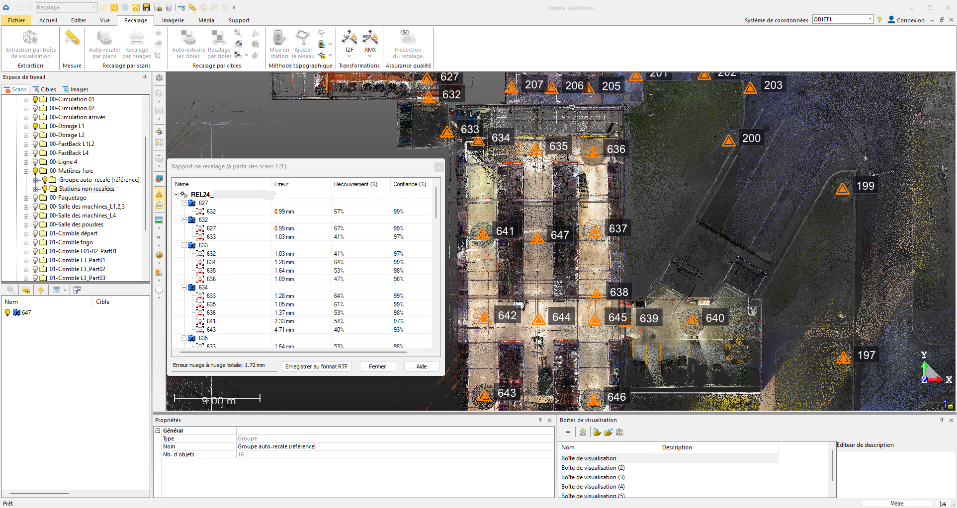 Interface de recalage d’un nuage de points montrant l’assemblage des stations, les indicateurs de qualité et les erreurs de positionnement.